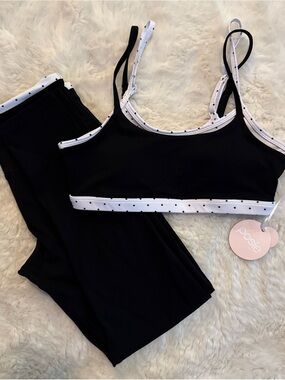 Posie Active Black Polka Dot-Trim Double Layered Workout Set